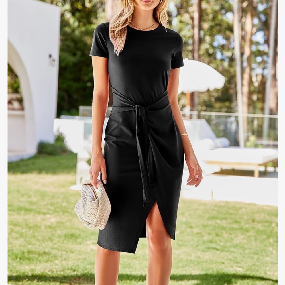 NWT Amazon NOLLSOM Black Midi Wrap Dress, Tie Waist, T-Shirt Style, Size XL